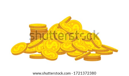 Mountain of gold coins flat cartoon. Golden coins pile heap, bank currency shining sign. Stacks money for game, apps. High stacks, financial growth. Hundreds cash pile. Isolated vector illustration