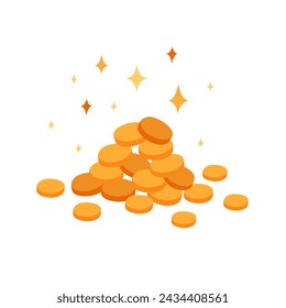 Mountain of gold coins. Sparkling treasures for St. Patrick's Day. Luck, treasure hunt, leprechaun gold. Festive element, for decorations, board games, postcards. Vector flat illustration.