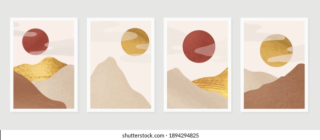 Mountain and gold landscape wall arts vector. Japanese oriental style abstract arts with gold texture design for wall framed prints, canvas prints, poster, home decor, cover, luxury wallpaper. 
