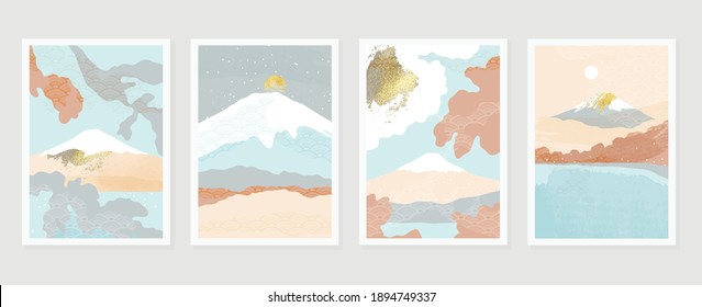 Mountain and gold landscape wall arts vector. Japanese oriental style abstract arts with gold texture design for wall framed prints, canvas prints, poster, home decor, cover, luxury wallpaper. 