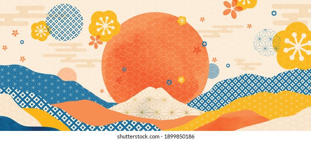 Mountain and gold landscape wall arts vector. Japanese oriental style abstract arts with gold texture design for wall framed prints, canvas prints, poster, home decor, cover, luxury wallpaper. 