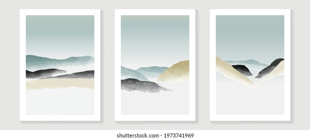 Mountain and gold landscape wall arts vector. Japanese oriental style abstract arts with gold texture design for wall framed prints, canvas prints, poster, home decor, cover, luxury wallpaper.