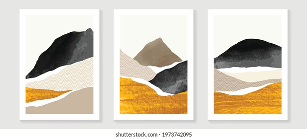 Mountain and gold landscape wall arts vector. Japanese oriental style abstract arts with gold texture design for wall framed prints, canvas prints, poster, home decor, cover, luxury wallpaper.