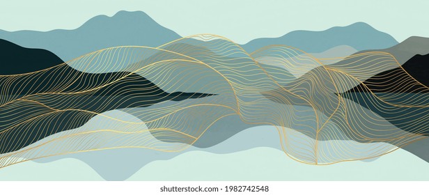 Mountain and gold line art abstract background vector. Luxury wallpaper design for wall art and home decoration background, canvas prints, banner, Natural wallpaper and fabric. 