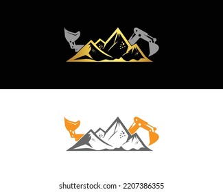 Mountain Gold Mining Company Logo Concept. Gold Mining Vector Design Template on White and Black Background.