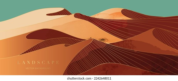 Mountain and golden line art background vector. Luxury watercolor desert landscape background with gold line art texture, green sky. Abstract art wallpaper design for print, wall art and home decor.