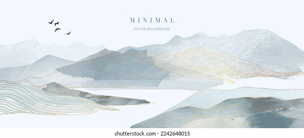 Mountain and golden line art background vector. Oriental chinese luxury watercolor landscape background with gold line art texture. Abstract art wallpaper design for print, wall art and home decor.