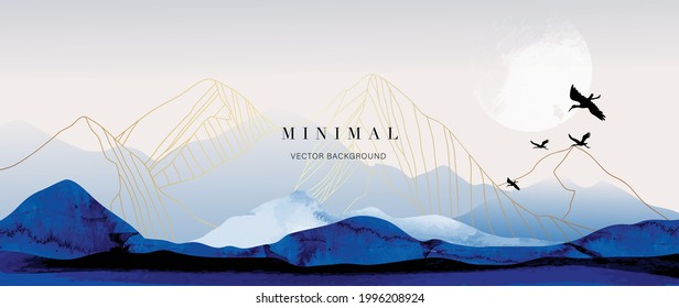 mountain and golden line arts background vector. Oriental Luxury landscape background design with watercolor brush and gold line texture. Wallpaper design, Wall art for home decor and prints.