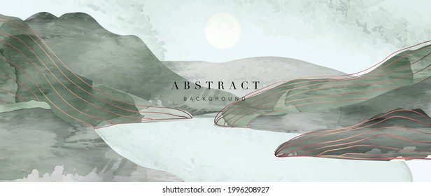 mountain and golden line arts background vector. Oriental Luxury landscape background design with watercolor brush and gold line texture. Wallpaper design, Wall art for home decor and prints.