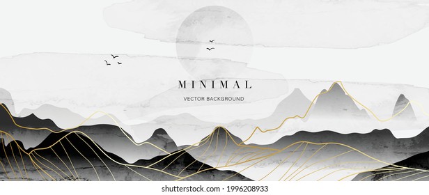 mountain and golden line arts background vector. Oriental Luxury landscape background design with watercolor brush and gold line texture. Wallpaper design, Wall art for home decor and prints. - Shutterstock ID 1996208933