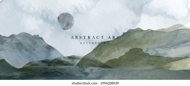 mountain and golden line arts background vector. Oriental Luxury landscape background design with watercolor brush and gold line texture. Wallpaper design, Wall art for home decor and prints.