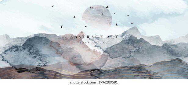 mountain and golden line arts background vector. Oriental Luxury landscape background design with watercolor brush and gold line texture. Wallpaper design, Wall art for home decor and prints.