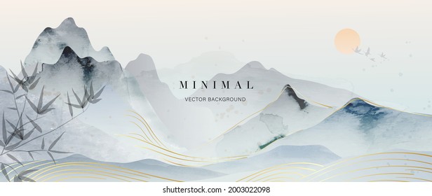 mountain and golden line arts background vector. Oriental Luxury landscape background design with watercolor brush and gold line texture. Wallpaper design, Wall art for home decor and prints.