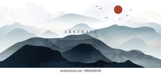 Mountain and golden line arts background vector. Oriental Luxury landscape background design with watercolor brush and gold line texture. Wallpaper design, Wall art for home decor and prints.