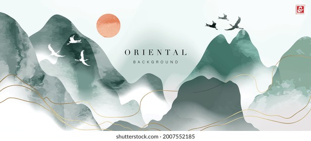 Mountain and golden line arts background vector. Oriental Luxury landscape background design with watercolor brush and gold line texture. Wallpaper design, Wall art for home decor and prints.