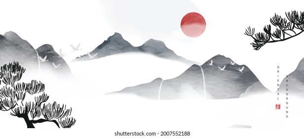 Mountain and golden line arts background vector. Oriental Luxury landscape background design with watercolor brush and gold line texture. Wallpaper design, Wall art for home decor and prints.