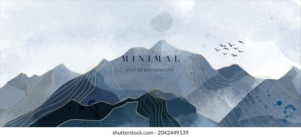 Mountain and golden line arts background vector. Oriental Luxury landscape background design with watercolor brush and gold line texture. Wallpaper design, Wall art for home decor and prints.