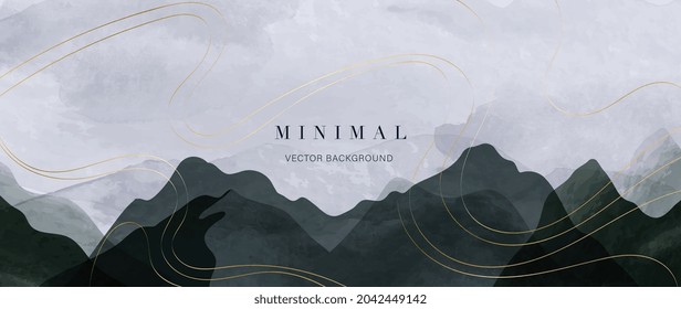 Mountain and golden line arts background vector. Oriental Luxury landscape background design with watercolor brush and gold line texture. Wallpaper design, Wall art for home decor and prints.