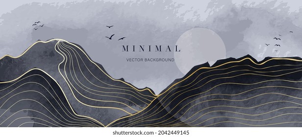 Mountain and golden line arts background vector. Oriental Luxury landscape background design with watercolor brush and gold line texture. Wallpaper design, Wall art for home decor and prints.