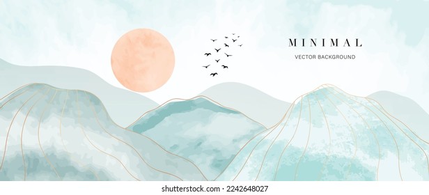 Mountain and golden line arts background vector. Luxury landscape, birds, sun background with watercolor brush and gold line texture. Abstract art wallpaper design for print, wall art and home decor.