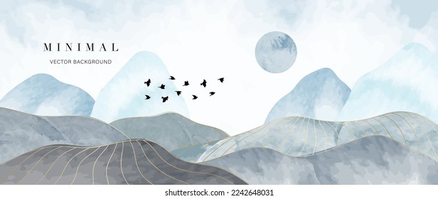 Mountain and golden line arts background vector. Luxury landscape, birds, sun background with watercolor brush and gold line texture. Abstract art wallpaper design for print, wall art and home decor.