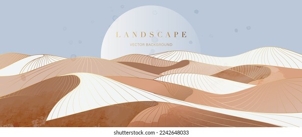 Mountain and golden line arts background vector. Luxury scenery landscape background with watercolor brush and gold line texture. Abstract art wallpaper design for print, wall art and home decor.