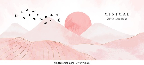 Mountain and golden line arts background vector. Luxury landscape, birds, sun background with watercolor brush and gold line texture. Abstract art wallpaper design for print, wall art and home decor.