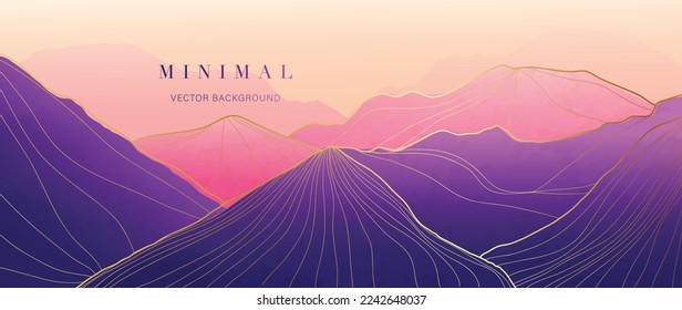 Mountain and golden line arts background vector. Luxury scenery landscape background with watercolor brush and gold line texture. Abstract art wallpaper design for print, wall art and home decor.