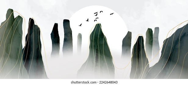 Mountain and golden line arts background vector. Luxury landscape, birds, fog background with watercolor brush and gold line texture. Abstract art wallpaper design for print, wall art and home decor.