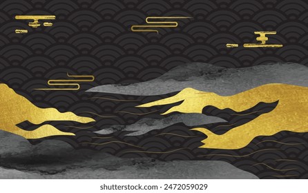 mountain and golden line arts background vector. Oriental Luxury landscape background design with watercolor brush and gold line texture. Wallpaper design, Wall art for home decor and prints.