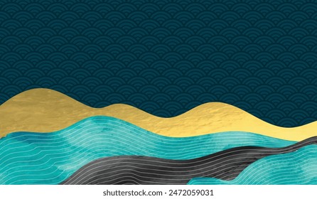 mountain and golden line arts background vector. Oriental Luxury landscape background design with watercolor brush and gold line texture. Wallpaper design, Wall art for home decor and prints.