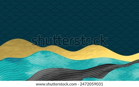 mountain and golden line arts background vector. Oriental Luxury landscape background design with watercolor brush and gold line texture. Wallpaper design, Wall art for home decor and prints.