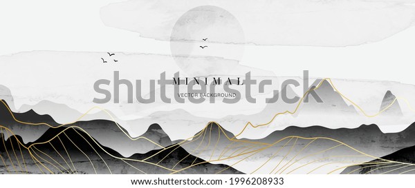 mountain and golden line arts background vector.\
Oriental Luxury landscape background design with watercolor brush\
and gold line texture. Wallpaper design, Wall art for home decor\
and prints.