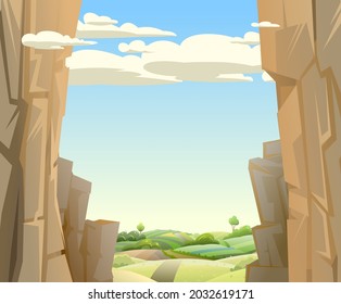 Mountain gorge. Frame composition. Rural hills with road. Stone rocky rocky landscape. High peaks and cliffs. Sky with clouds. Illustration vector.