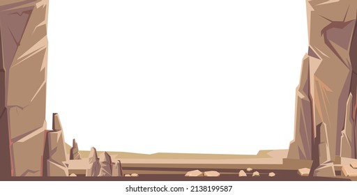 Mountain gorge. Frame composition. Smooth playground. Stone rocky rocky landscape. Isolated on white background. High peaks and cliffs. Illustration vector.