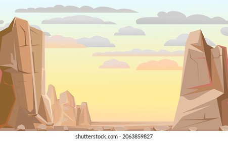 Mountain gorge. Frame composition. Stone rocky rocky landscape with sunrise. High peaks and cliffs. Sky with clouds. Illustration vector.