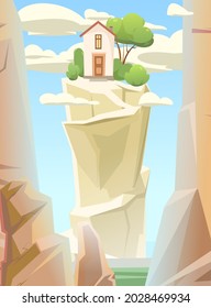 Mountain gorge. With house on top. Frame composition. Stone rocky rocky landscape. High peaks and cliffs. Illustration vector