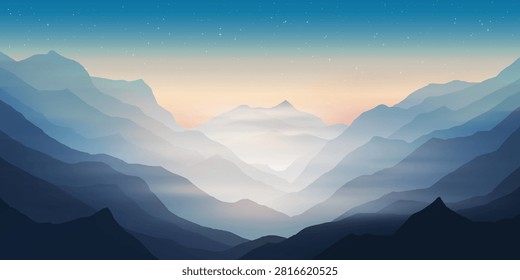 Mountain gorge in sunset light, evening fog, starry sky, vector illustration
