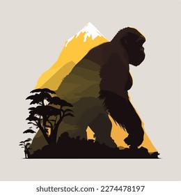 Mountain gorilla in the forest. Threatened or endangered species animals. Flat vector illustration concept