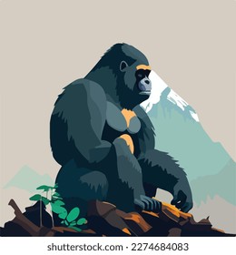 Mountain gorilla in the forest. Threatened or endangered species animals. Flat vector illustration concept