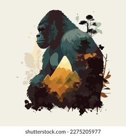 Mountain gorilla in the forest. Threatened or endangered species animals. Flat vector illustration concept