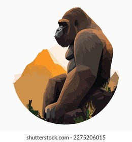 Mountain gorilla in the forest. Threatened or endangered species animals. Flat vector illustration concept