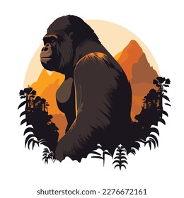 Mountain gorilla in the forest. Threatened or endangered species animals. Flat vector illustration concept