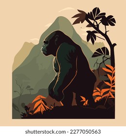 Gorila de montaña en el bosque. Animales de especies amenazados o en peligro de extinción. Concepto de ilustración vectorial plana