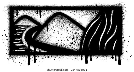Mountain graffiti with black spray paint. Grunge hill peaks. Distressed brush strokes. Mountain landscape.