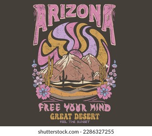 Mountain graphic print. Desert Wild Wanderlust. Arizona desert state graphic print artwork for apparel, t shirt, sticker, poster, wallpaper and others. Desert Vibes, feel the sunset. desert flower.