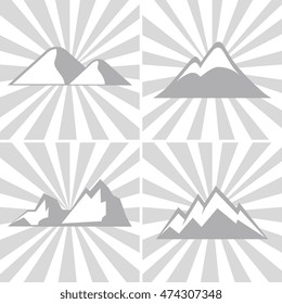Mountain gray icons on striped background. Mountaineering and climbing emblems. Vector illustration