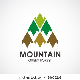 Mountain green of arrow forest abstract vector and logo design or template hill business icon of company identity symbol concept