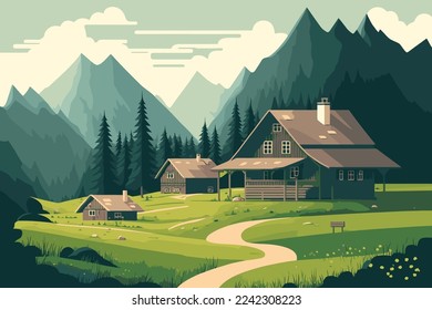 Mountain green field alpine landscape nature with wooden houses illustration in vector flat color style illustration