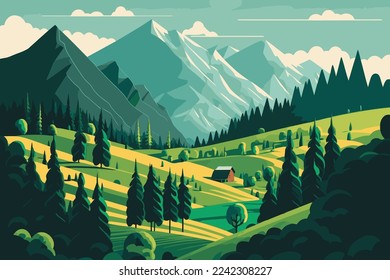 Mountain green field alpine landscape nature with wooden houses illustration in vector flat color style illustration